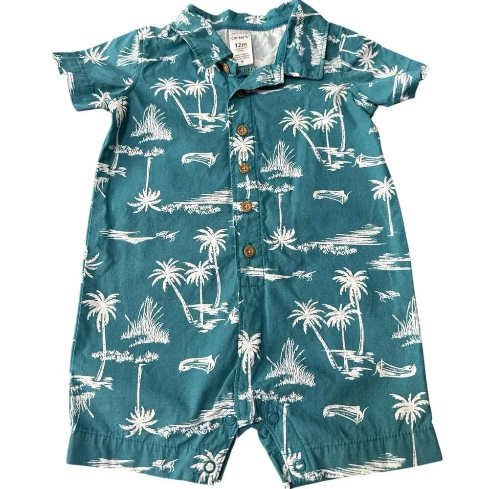 Carters Romper Toddler Boy 12m Button Down Hawaiian EUC